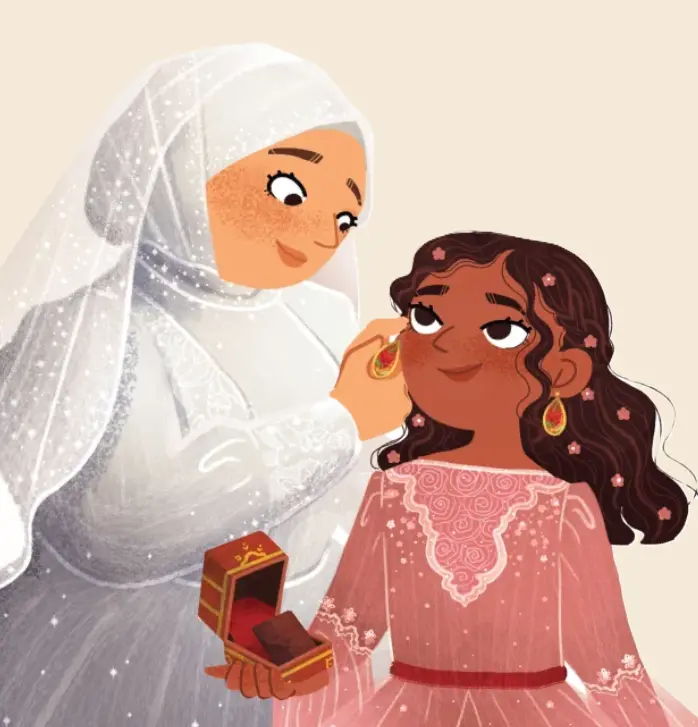 Illustration of a bride placing an earring on a young girl