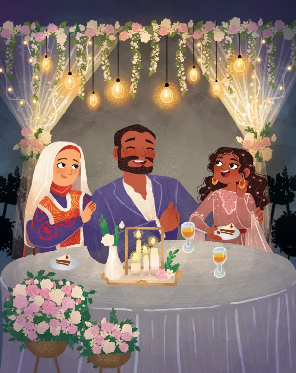 Illustration of a family celebrating together beneath string lights and flowers